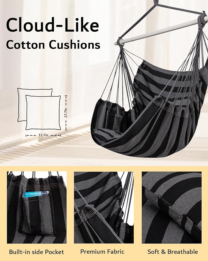 ADVOKAIR Hammock Chair Hanging Chair Swing Large Indoor with Anti-Slip Steel Spread Bar and Pocket-Max 500lbs-2 Cushions Perfect for BedroomOutdoorPatio PorchBackyard…