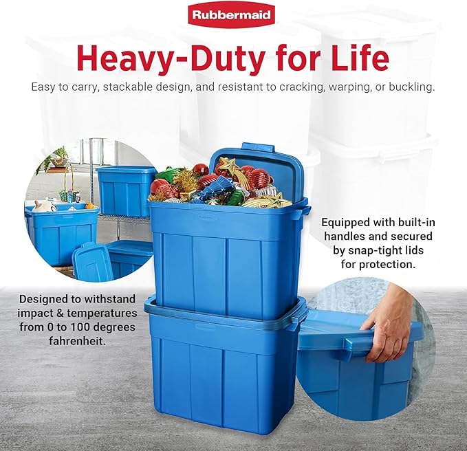 Rubbermaid Roughneck Tote 18 Gal 10 Pack Made in USA Heritage Blue Rugged Plastic Stackable Storage Bins with Lids and Handles