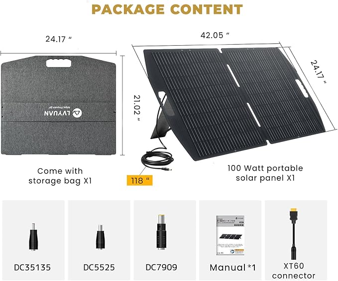 LVYUAN 100W Solar Panel 18.5V Foldable ETFE Conversion Rate 22.5% Monocrystalline IP65 Waterproof Compatible with XT60 DC5525 DC7909 DC35135 Fast Charging Foldable with Stand High Efficiency