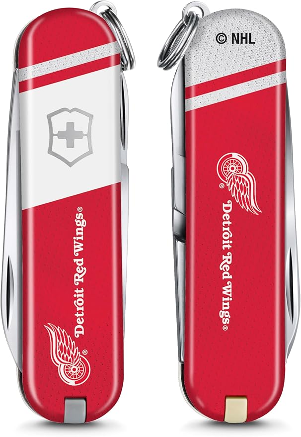 Victorinox Classic SD Swiss Army Knife – Compact 7 Function Swiss Made Pocket Knife with Small Blade Screwdriver and Key Ring – Detroit Red Wings