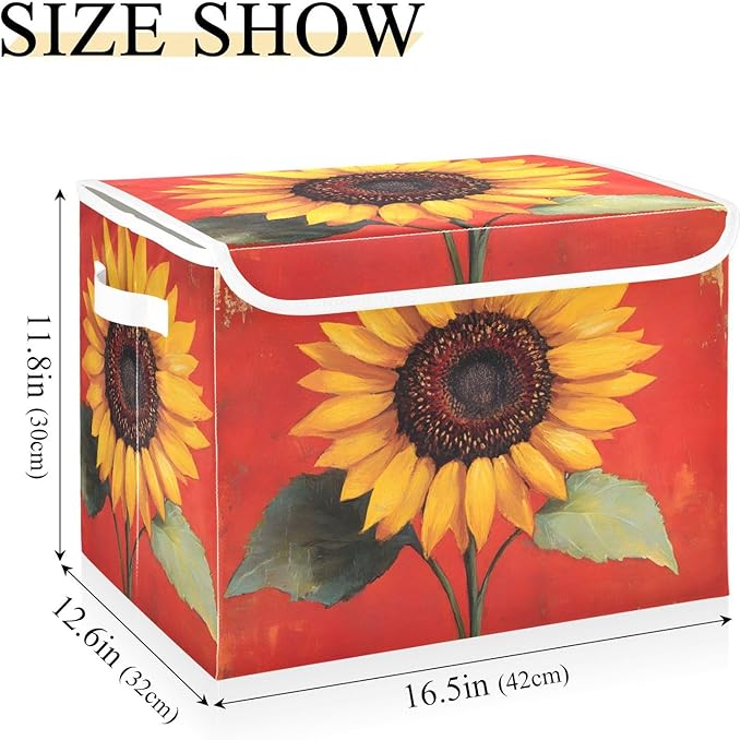 AIXIWAWA Lidded Storage Cube (Vintage Sunflower Red) Fabric Foldable Closet Bins with Flip Lid and Handles Organizer Basket Container 16.5 x 12.6 x 11.8 IN