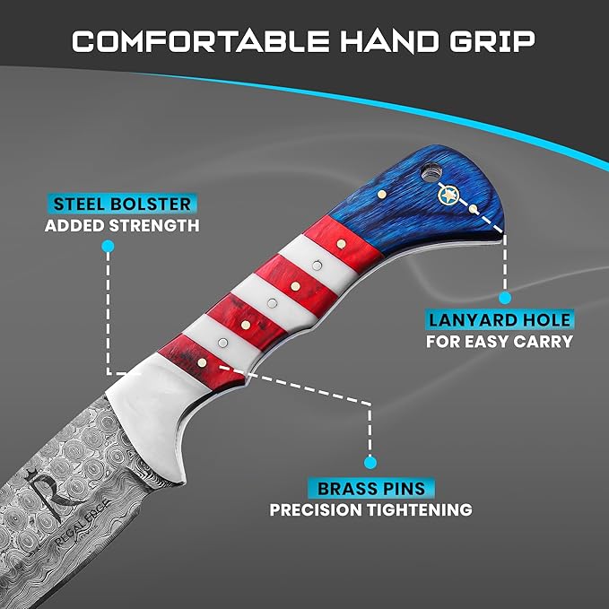 10 Damascus Hunting Knife with Gut Hook Fixed Blade Knife with Sheath American Flag Handle Full Tang Fixed Blade Knife Tactical Survival Knife for Men Damascus Steel Knives Camping Outdoor Field