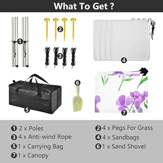Beach Canopy with Windproof Ropes &amp Sandbags Beach Tent Sun Shade Sun Shelter for Camping Trips Fishing Backyard Fun or Picnics Purple Flowers