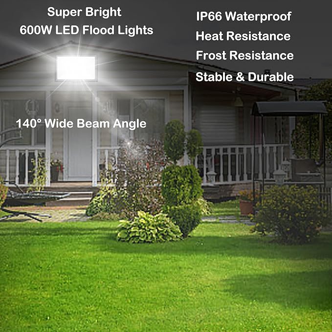 600W LED Flood Light 2PackSuper Bright Daylight 5000K IP66 Waterproof Security Outdoor LED Arena LightsCommercial Lighting Floodlight for FieldsCountsStadium