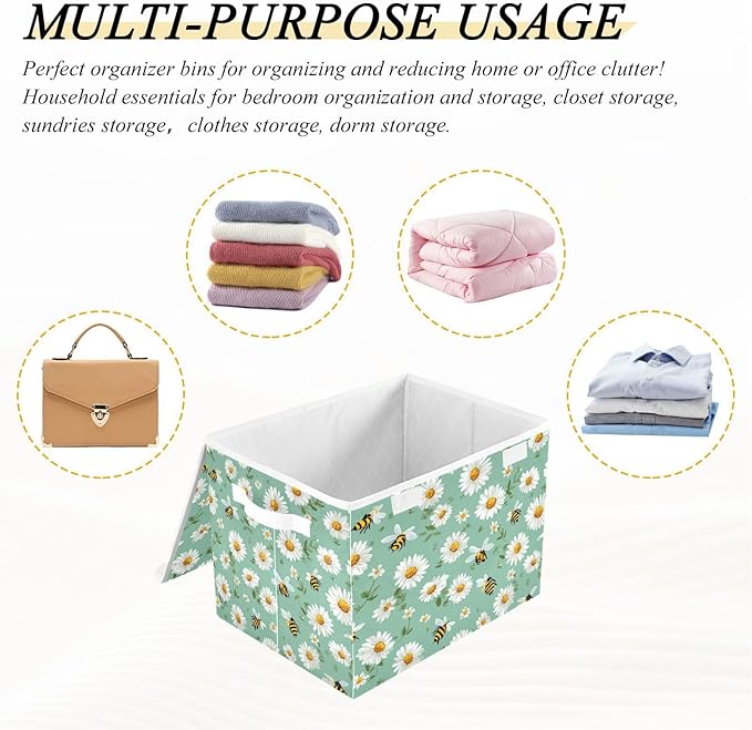 Storage Bins with Lids Storage Containers Box Organizer Bin Basket with Handles for Closet Shelves Clothes Stackable Foldable Decorative Mint Green Daisy Flowers and Bees