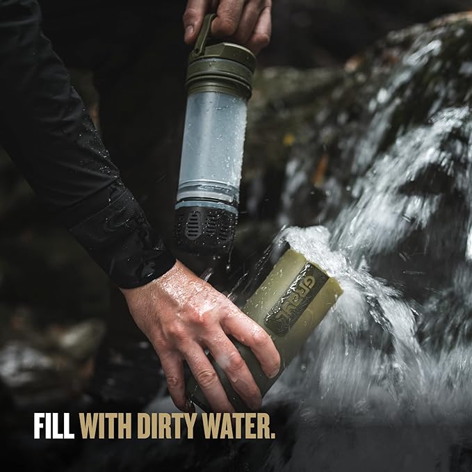 GRAYL UltraPress 16.9 oz Water Purifier &amp Filter Bottle for Hiking Backpacking Survival Travel (Olive Drab)
