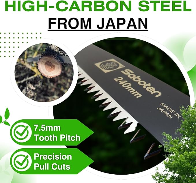 Saboten Japanese Pruning Saw 9.4 in (240mm) – Fluorine-Coated High-Carbon Steel Blade 7.5mm Tooth Pitch Smooth Pull Cuts Wooden Handle Wood Sheath Included Made in Japan