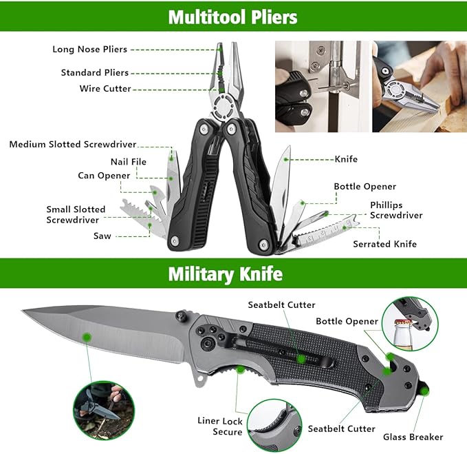 ZENHOSIT Multifunctional Folding Tactical Shovel Hatchet Combo - With Axe Flashlight Extension Handles - For Camping Cycling Hiking - 19.3-40.9 Inches