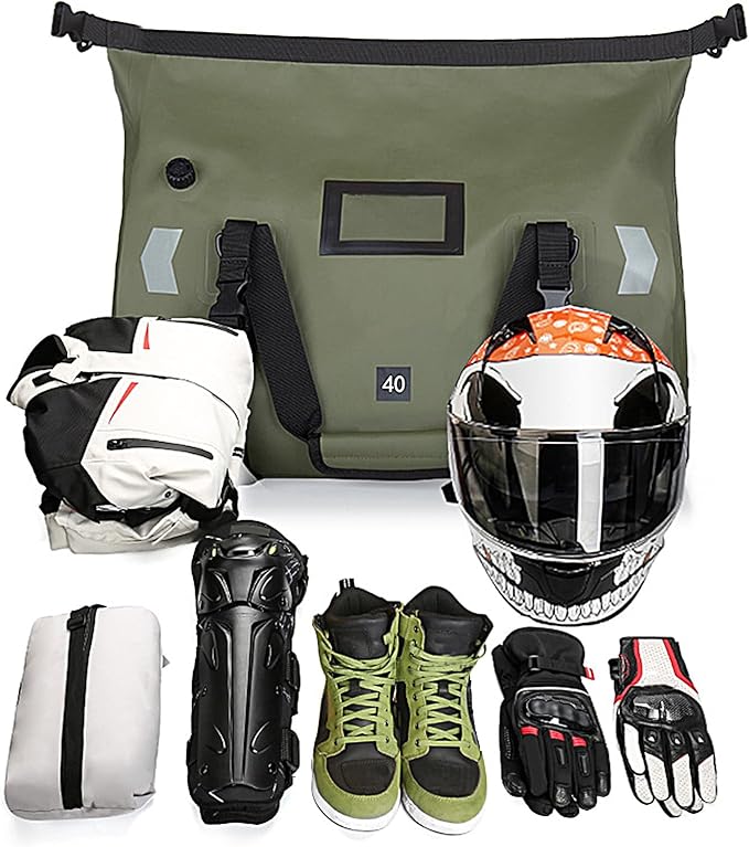 40L Waterproof Duffel Bag Motorcycle Dry Bags Large Heavy Duty Camping | Back Seat Roll Top Luggage Tail with Reflective Strips Backpack for Kayaking Rafting Boating Camping Travel