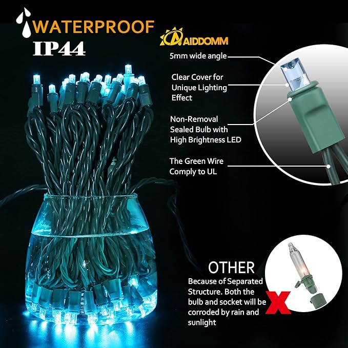 100 Counts Aqua LED Christmas Lights – 50ft 5mm Aqua Christmas Lights Outdoor Commercial Grade Waterproof Indoor Christmas Tree Decorations Green Wire Mini Aqua String Lights UL IP:65