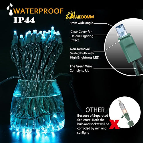 100 Counts Aqua LED Christmas Lights – 50ft 5mm Aqua Christmas Lights Outdoor Commercial Grade Waterproof Indoor Christmas Tree Decorations Green Wire Mini Aqua String Lights UL IP:65