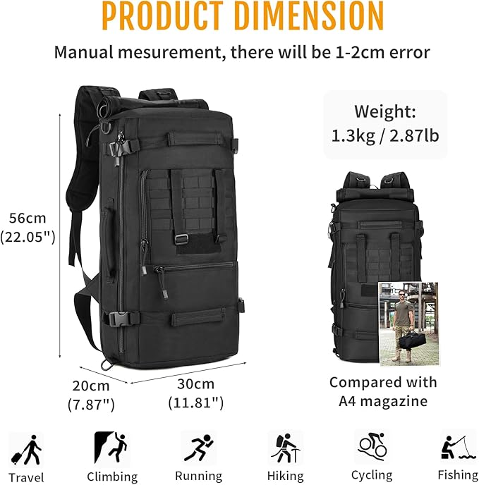 HUNTVP 50L 3 Way Tactical Backpack Military MOLLE Assault Backpack Modular WR Bag