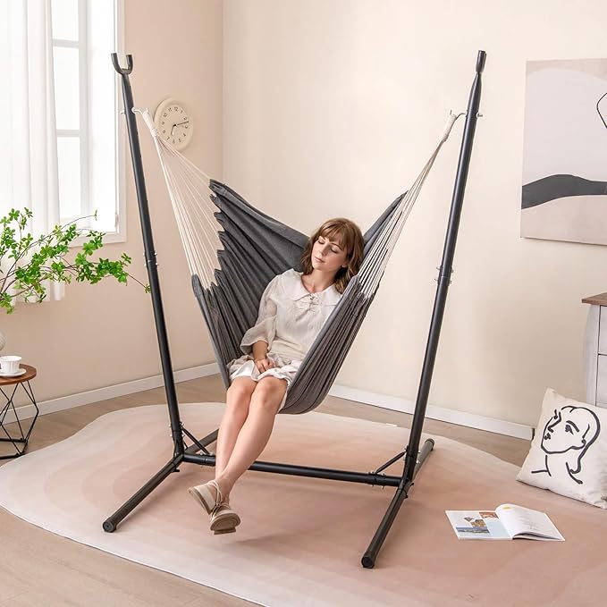 Tangkula Adjustable Hammock Chair with Stand Sturdy Swing Chair with 6 Adjustable Positions Storage Pocket Metal Frame Heavy-Duty Hammock for Indoor &amp Outdoor Use (Grey)