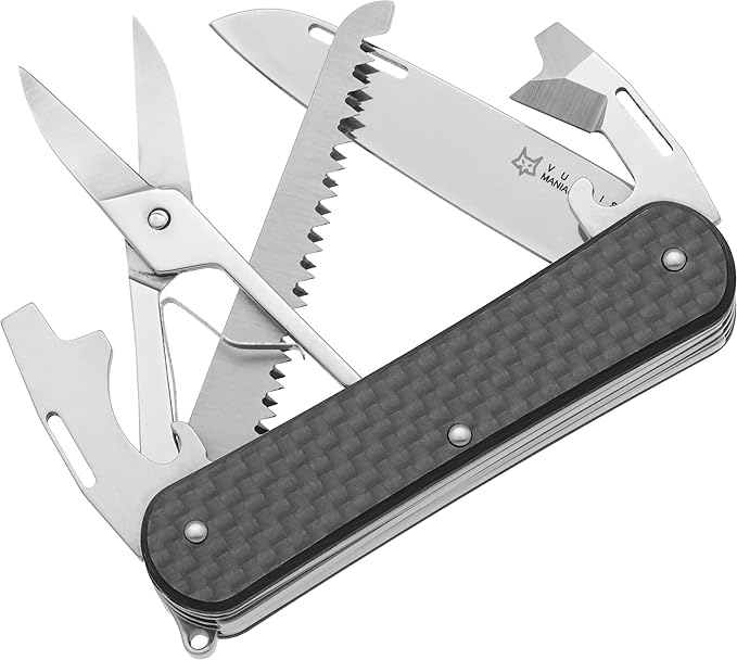 Fox Knives Vulpis FX-VP130-SF5 CF Slipjoint EDC Pocket Knife 5-in-1 Multitool - 2.17in Blade Hacksaw Bottle Opener Can Opener Scissors Flat Head Screwdriver - Every Day Carry (Carbon Fiber)