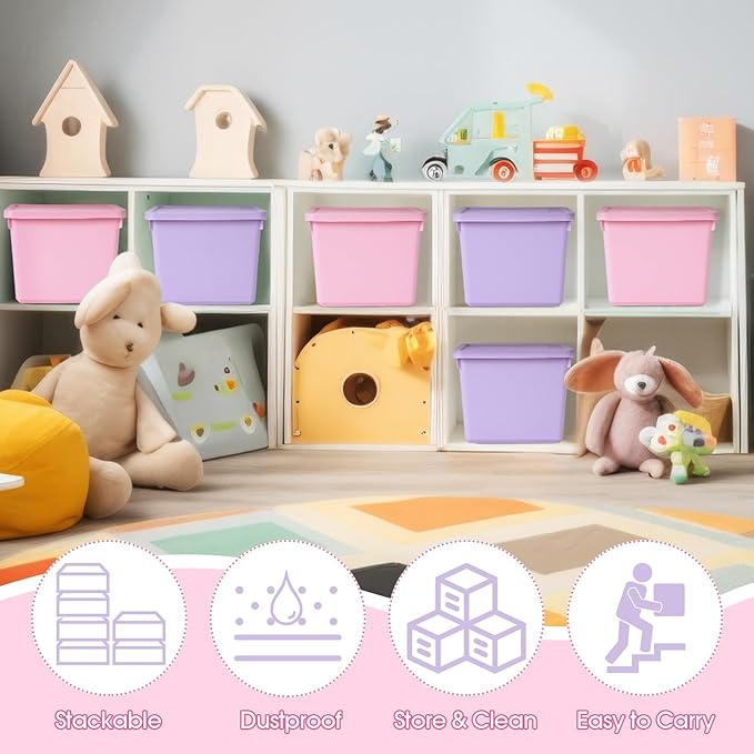 Potchen 6 Pack Cute Plastic Storage Bins with Lids Decorative Stackable Storage Boxes 9.8 ×7.3 ×5.7 Small Storing Totes for Organizing Craft Office Supplies (PinkPurple)