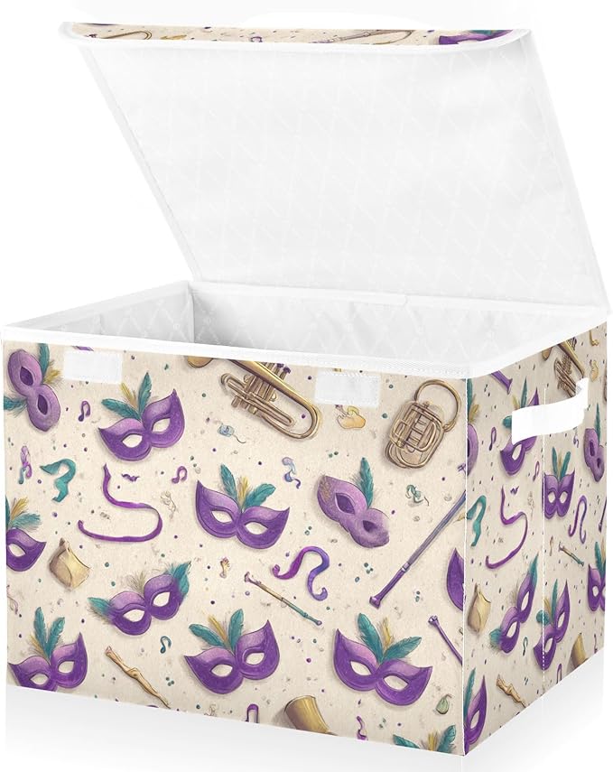 Beige Shrove Tuesday Masks Storage Box with Lid 1 PC Foldable Storage Bin with Lids Stackable Storage Bins Cube Closet Organizer Basket with Flip-Top Lid &amp Handles for Shoes Books Towels
