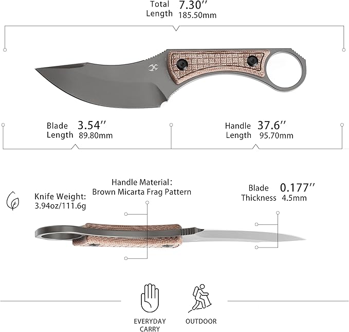 KANSEPT Niko Fixed blade Knife with Sheath 3.54'' Grey TiCn Coated D2 Blade and Brown Micarta with Frag Pattern Handle Adjustable Kydex Sheath for EDC Fixed Knifes for Camping Hiking Fishing G004A8