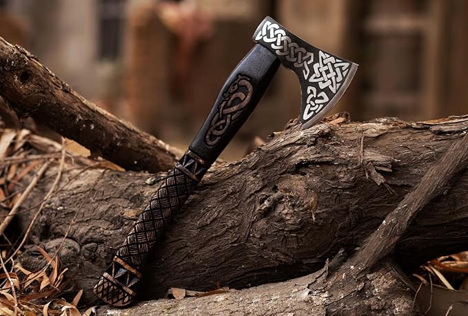 19 Viking Axe with Leather Sheath | Hand-Forged Carbon Steel Engraved Bearded Axe for Camping Bushcraft Gifts for Men (Black)