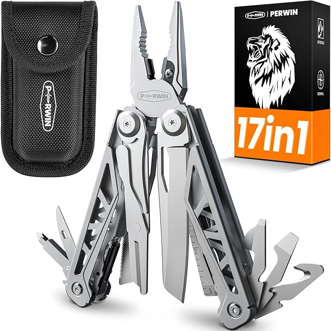Multitool 17-in-1 Stainless Steel Multi Tool Pliers with Self-Locking Pocket Knife Nylon Sheath Professional (EDC) Multi-Tool for Survival Camping and Hunting Hiking Gifts for Men