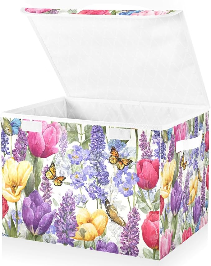 Storage Bins with Lids Storage Containers Box Organizer Bin Basket with Handles for Closet Shelves Clothes Stackable Foldable Decorative Tulips Lavenders Purple Butterfly