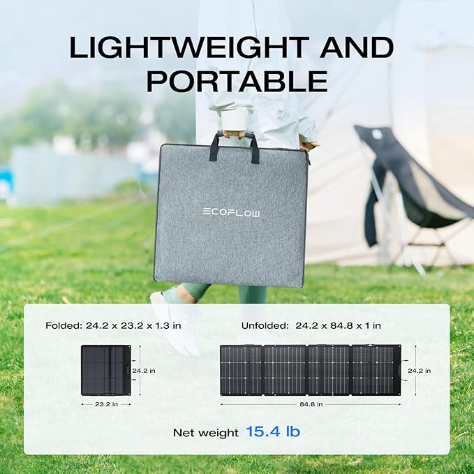 EF ECOFLOW 220W Portable Solar Panel Bifacial Design Up to 25% Conversion Efficiency N-Type Solar Cell with Adjustable Kickstand IP68 Waterproof Foldable Solar Panel for Camping RVing Home Backup