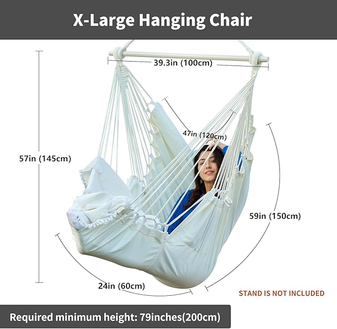 CHULIM Hanging Hammock Chair Swing MAX 500 lbs Outdoor Hanging Chair with Footrest Indoor Swing Chair with Portable Steel Spreader Bar and Hardware Kit for Bedroom Living Room Patio Porch - White