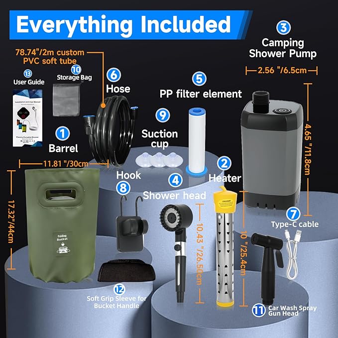 Portable Shower for Camping with Heater Portable Camping Shower Pump with 6000mAh Battery 1500W Water Heater 5.3Gal Foldable Bucket Digital Display Outdoor Shower for Camping Beach RV