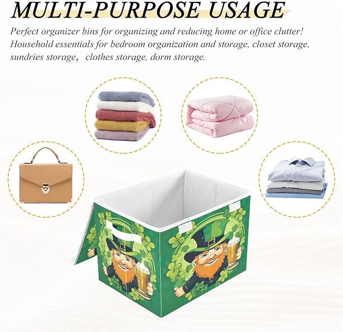 Christmas Storage Baskets with Lids Leprechaun Collapsible Bins Stackable Fabric Linen Baskets Closet Organizer Container 16.5x12.6x11.8