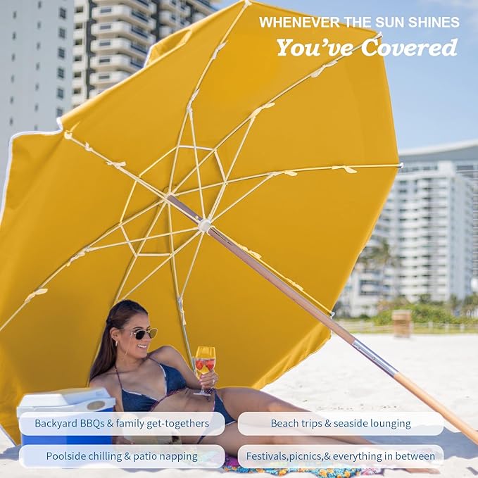 AMMSUN 7.5ft Heavy Duty High Wind Beach Umbrella Commercial Grade with Air Vent Ash Wood Pole &amp Carry Bag UPF 50+ Sun Protection for Patio Garden Pool Backyard Yellow
