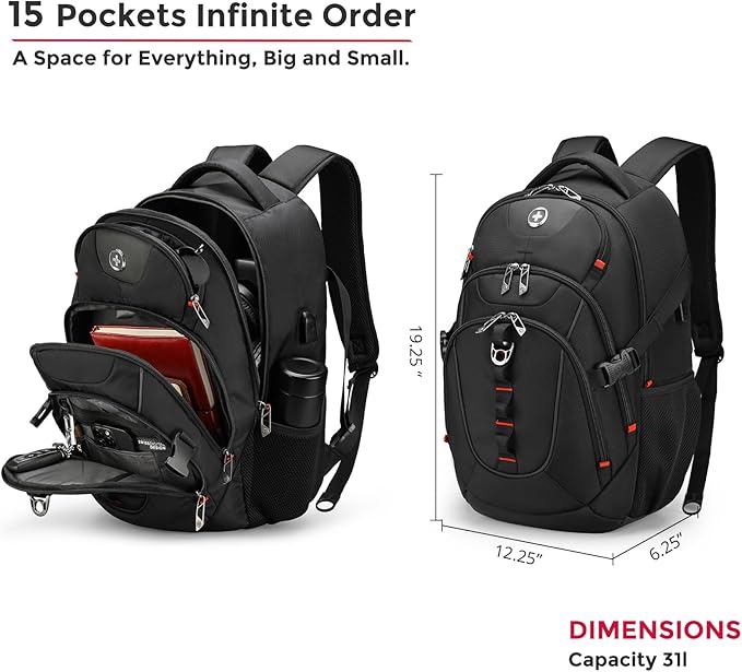 Swissdigital Design Laptop Backpack with USB Charging Port Travel Backpack Fits 15.6 inches Computer 31L College School Backpack for Men Black | SD803-01
