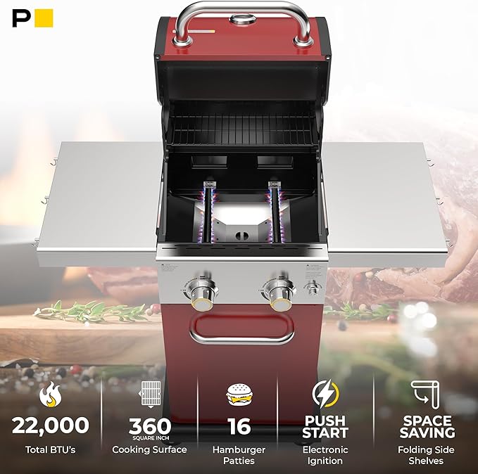Permasteel 2-Burner Propane Gas Grill BBQ Grill with Foldable Side Tables &amp Tool Hooks Perfect for Outdoor Cooking Patio &amp Garden Red