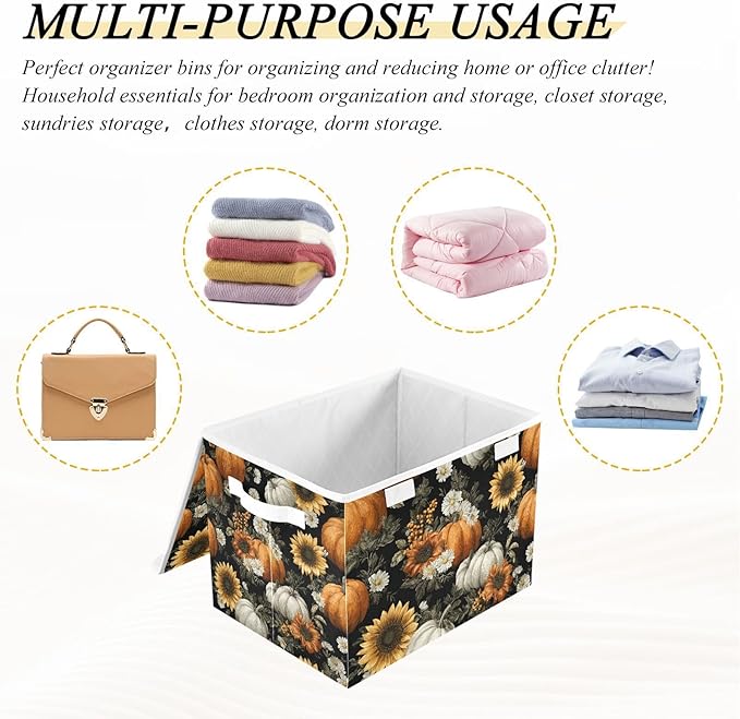 Storage Bins with Lids Storage Containers Box Organizer Bin Basket with Handles for Closet Shelves Clothes Stackable Foldable Decorative Black Pumpkins Sunflowers Daisy