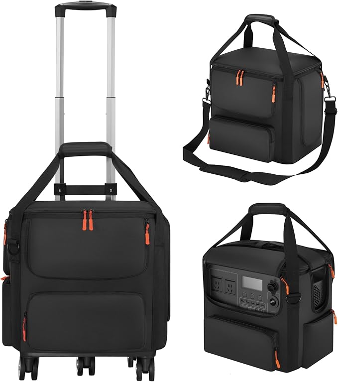 Compatible with BLUETTI AC180 Wheeled Carrying Case - Soft Fabric Power Station Travel Bag with Retractable Handle Multi-Pockets &amp Side Zipper (Black Rolling Case)