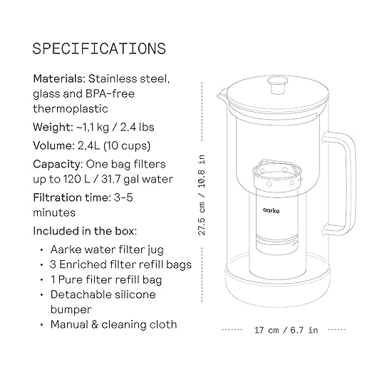 Aarke Purifier Regular Glass Pitcher Bundle w/Steel Filter BPA-Free 3 Enriched + 1 Pure Granules 2.4L Pitcher with 1.18L Filtration Capacity