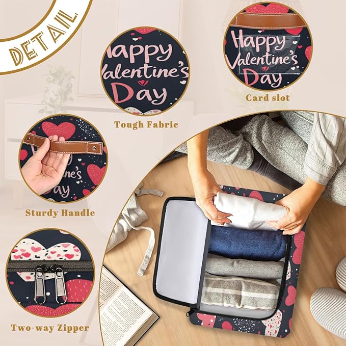 Happy Valentine Storage Bins with Zipper Lid Love Heart Fabric Lidded Storage Baskets Cubes with Handles Decorative Foldable Shelf Closet Organizer Container