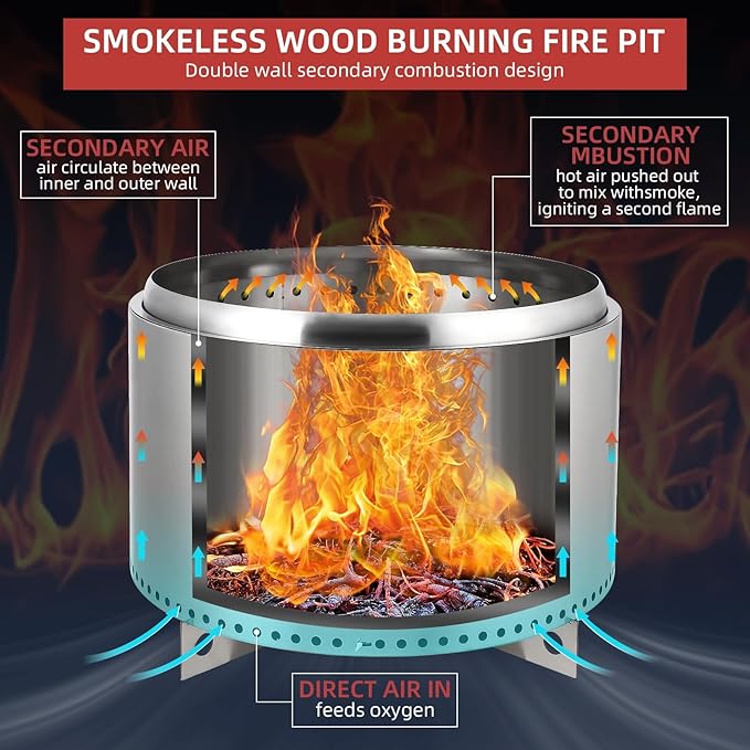 27 Inch Stainless Steel Smokeless Outdoor Fire Pit Burning Wood ParticlesCoal Removable Stand and Ash Pan Perfect for Bonfire Camping Picnic Family Gatherings for Garden