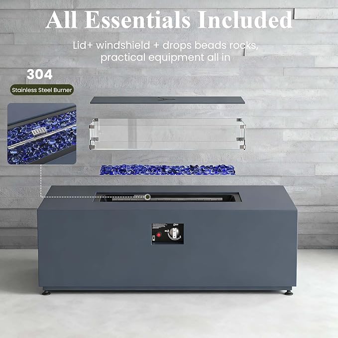 LayinSun 42 Inch Outdoor Fire Pit Table for Outside Patio 55000BTU Rectangle Propane Firepit with Hidden Fuel Tank Glass Wind Guard Waterproof Cover and Lid