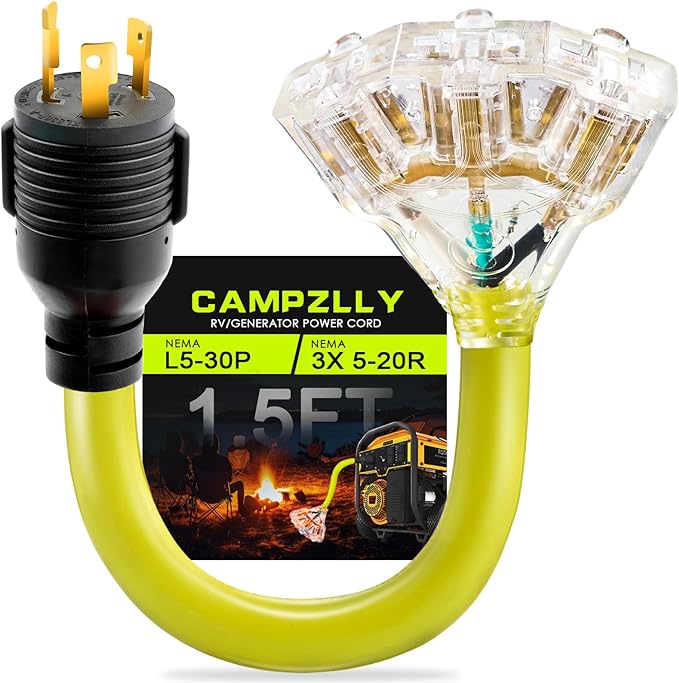 30 Amp to 20 Amp 110 Generator RV Adapter Cord NEMA L5-30P to 3X 5-15R/5-20R Distribution Adapter with Lighted Power Indicator STW 10 AGW 1.5FT ETL Listed