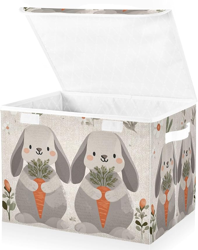 Collapsible Storage Bins with Lids Decorative Fabric Storage Cubes Closet Organizer and Storage Basket Boxes Containers for Clothes Box Chest Folding Rectangle Cute Grey Bunny Carrot