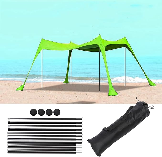 Dpofirs Tall Beach Sun Shelter UPF50+ Pop Up Canopy with 4 Iron Poles &amp 8 Stakes Spacious 8-Person WindResistant Tent for Camping Fishing Family Gatherings (Green)