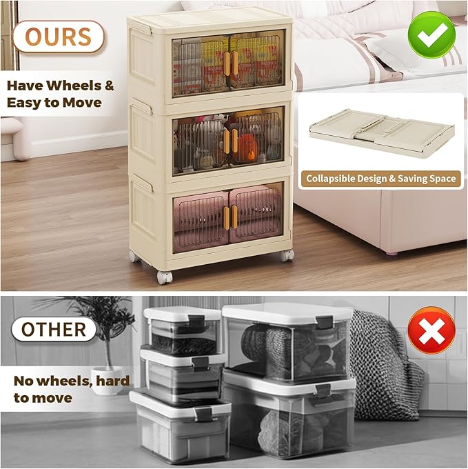 3 Tier Stackable Plastic Storage Bins with Lids 58QT Collapsible Closet Organizers and Storage with Wheels for Living RoomOfficeDorm