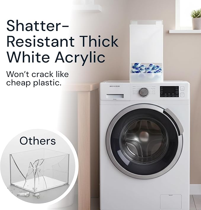 SimplyImagine Acrylic Laundry &amp Dishwasher Pod Dispenser - Large White Acrylic 2 Lids - Wall-Mount Or Countertop Gravity Feeder - Laundry Room Organization &amp Storage for Laundry Pods