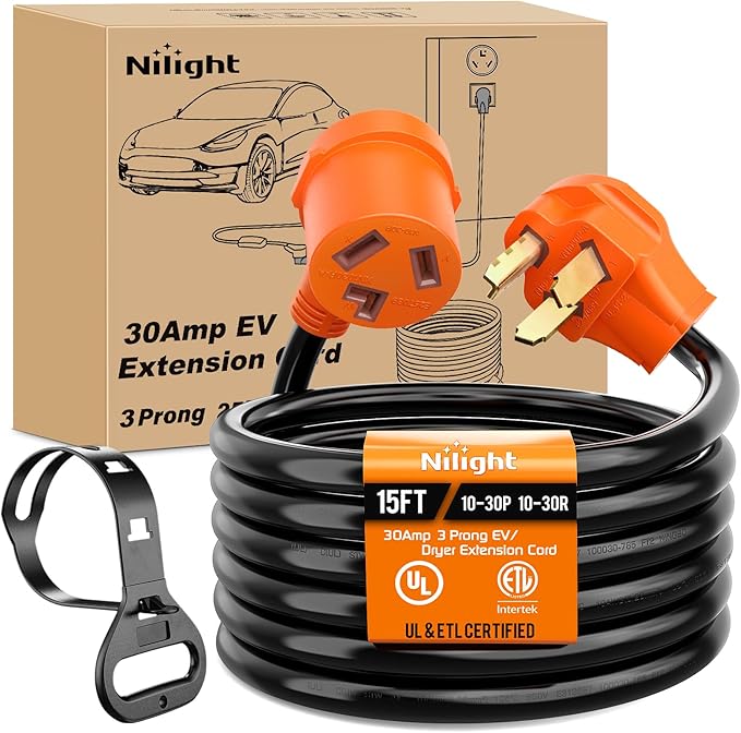 Nilight 15FT EV Dryer Extension Cord 3 Prong 30 Amp NEMA 10-30P 10-30R Old Extensions Cable Heavy Duty 10 Gauge Pure Copper Wire UL Listed 125/250V for Level 2 Using