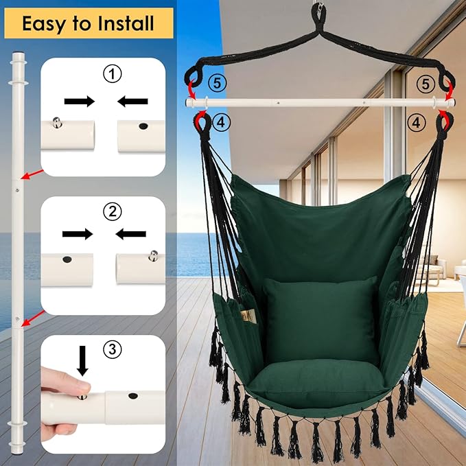 Y- STOP Hammock Chair Hanging Rope Swing Max 500 Lbs 2 Cushions Included Large Macrame Hanging Chair with Pocket for Superior Comfort with Hardware Kit Green