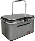 LIQING 35L Large Picnic Basket 2 Layers of Internal Pockets Leak-Proof and Insulated Folding with Internal Support for enhansed Stability Wedding Gifts for Couple(Grey)