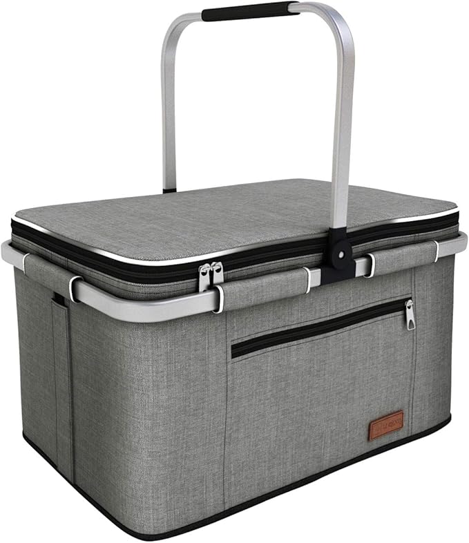 LIQING 35L Large Picnic Basket 2 Layers of Internal Pockets Leak-Proof and Insulated Folding with Internal Support for enhansed Stability Wedding Gifts for Couple(Grey)