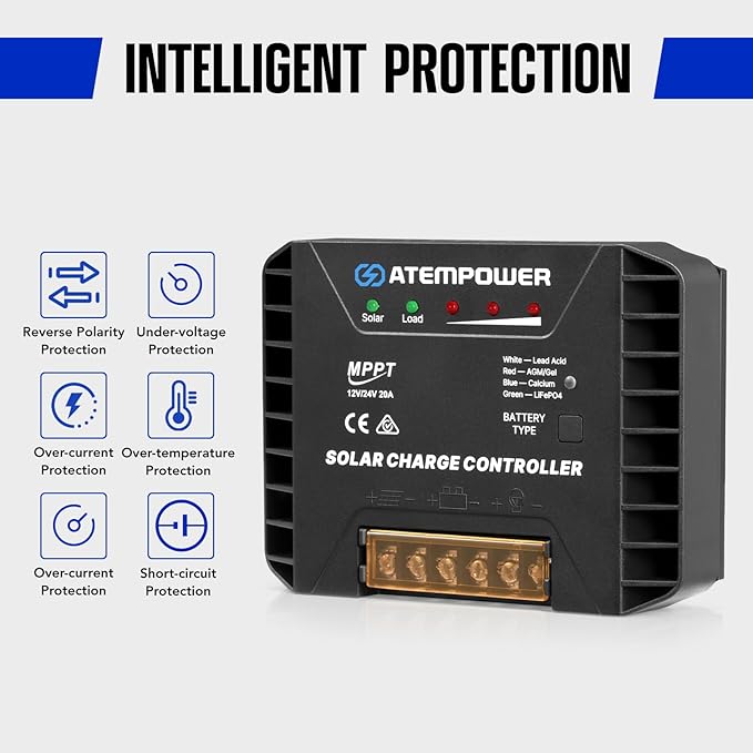 ATEM POWER 20A 12V/24V MPPT Solar Charge Controller Selecting Battery Type Activate Lithium Battery Intelligent Solar Controller Compatible with Lead Acid AGM Gel Calcium and LiFePO4 Battery