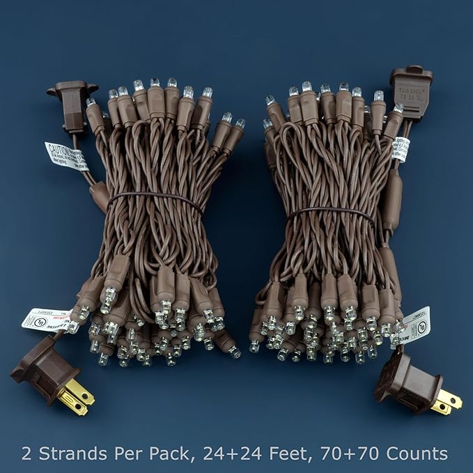 Cool White Wide Angle One-Piece LED Christmas Lights 48 Feet 140 Count Pack of 2 Strands 70ct 5mm High Waterproof UL Certified Brown Cord String Lights