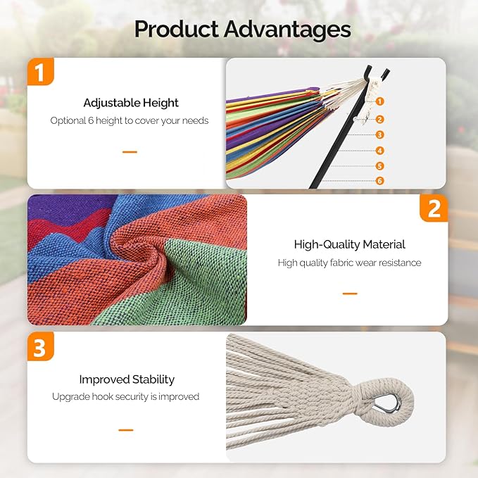 ONCLOUD Heavy Duty 550 LBS Double Hammock with Stand Included with Portable Carrying Bag Upgraded 2 Person Hammock with Frame for Outdoors &amp Indoors Series TDCTZ2 - Rainbow Stripe