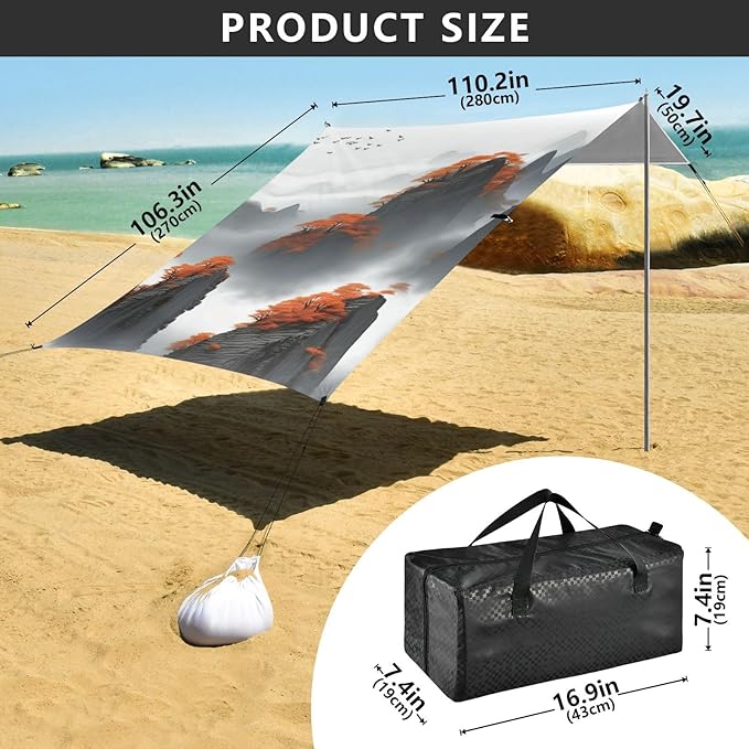 Beach Canopy with Windproof Ropes &amp Sandbags Beach Tent Sun Shade Sun Shelter for Camping Trips Fishing Backyard Fun or Picnics Mountain